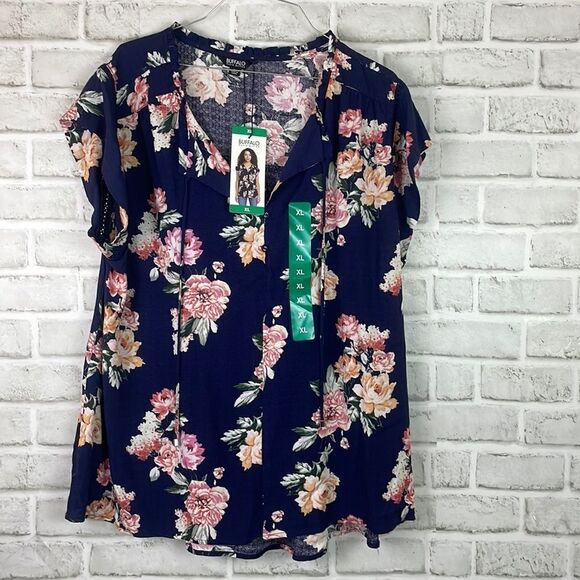 BUFFALO DAVID BITTON Woven Jaquard Top XL Flutter Sleeve New with Tag - Picture 3 of 5